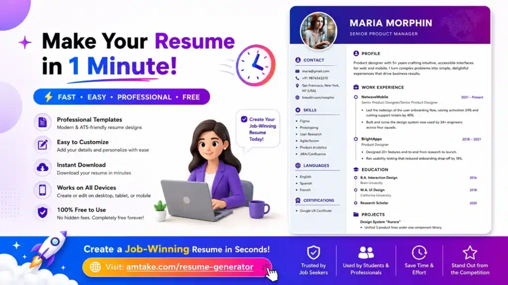 AMTake Resume Generator interface showing a professional online resume builder for creating modern resumes quickly with free resume templates and easy customization.