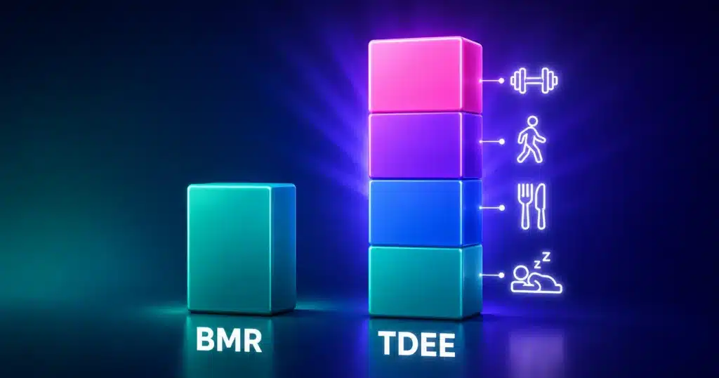Diagram showing BMR as the largest band of daily energy use, with digestion, daily movement and exercise stacked on top to make TDEE