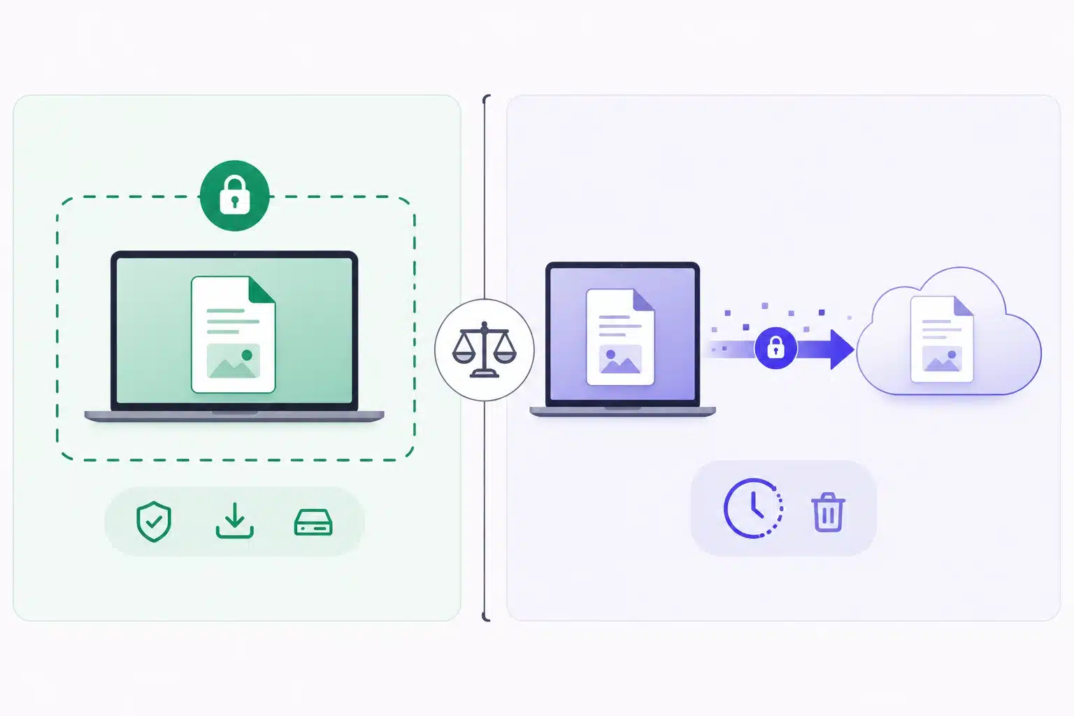 Diagram comparing browser-based tools, where the file stays on the device, with cloud tools, where the file is uploaded and then deleted