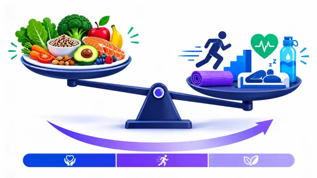 Balance scale showing food energy on one side and daily energy use on the other, illustrating a calorie deficit