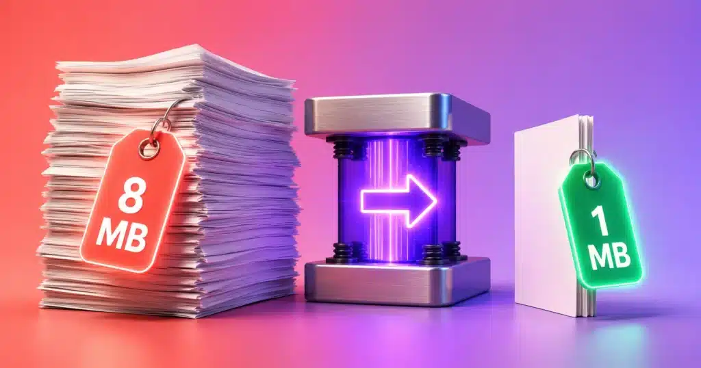 A thick 8 MB document stack being compressed between two plates into a thin 1 MB file