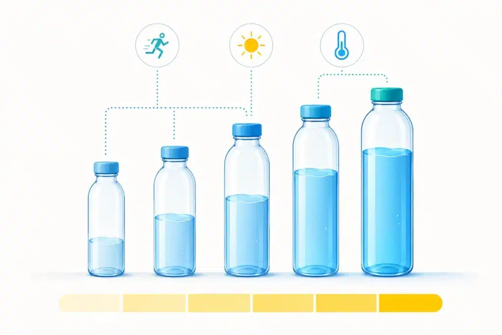 Row of water bottles at increasing fill levels with icons for exercise and hot weather, showing how daily water needs scale