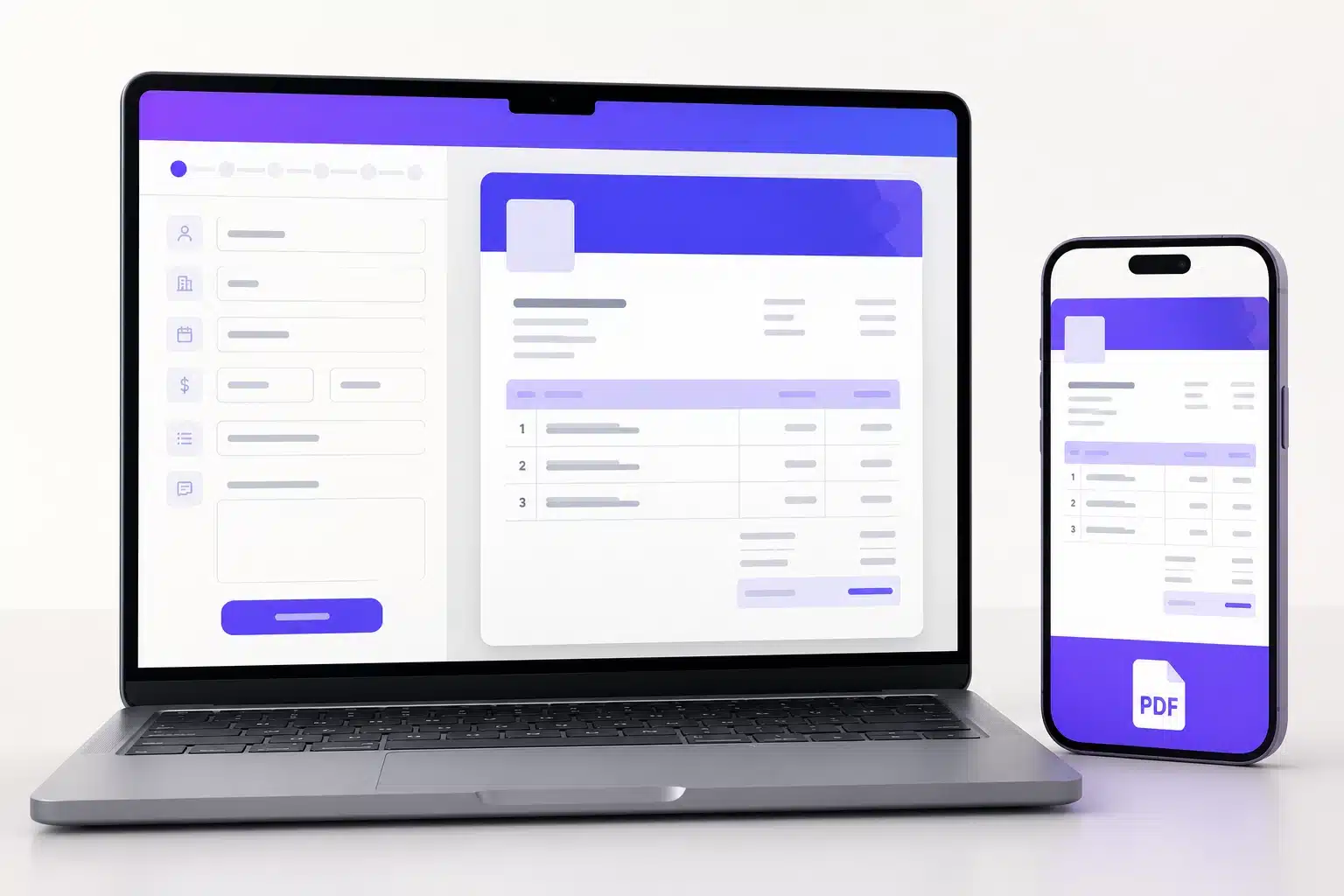 Invoice generator showing a form on the left and a live invoice preview with logo, line items and totals on the right