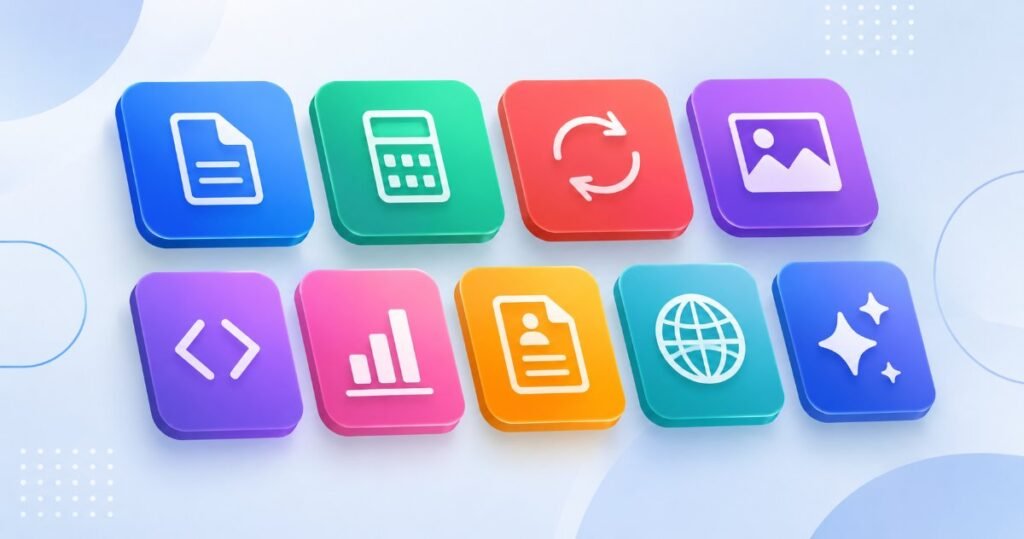 Grid of colorful cards representing AMTake's free online tools — PDF tools, calculators, converters, image tools, generators and SEO utilities