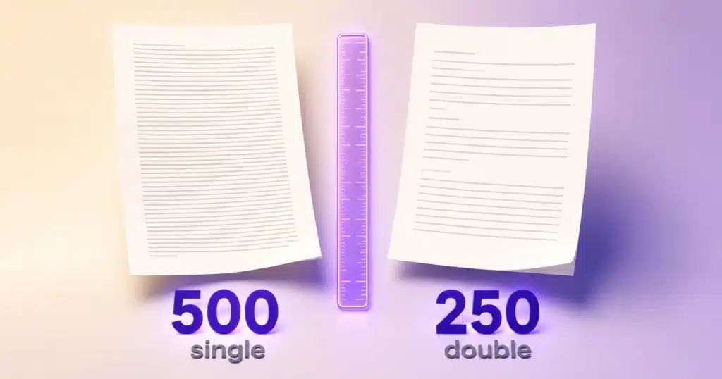 Two printed pages side by side showing 500 words single-spaced and 250 words double-spaced