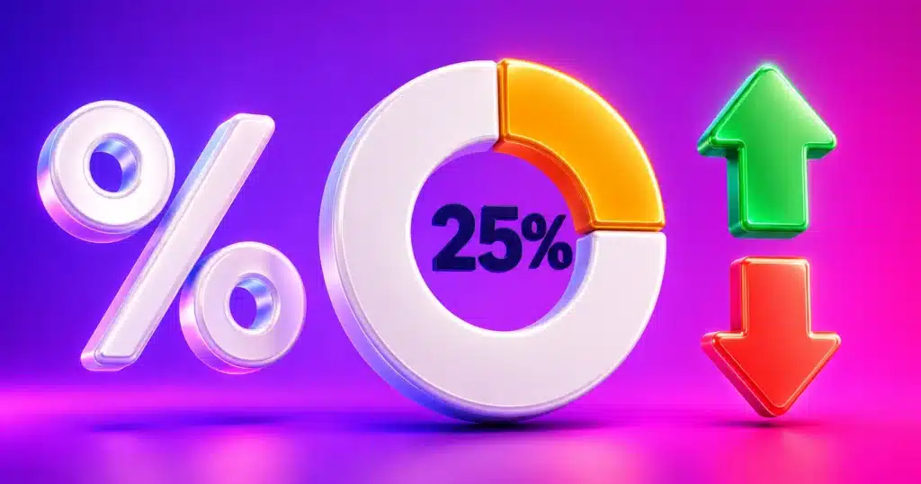 A large percent symbol beside a donut chart filled to 25 percent, with an increase arrow and a decrease arrow