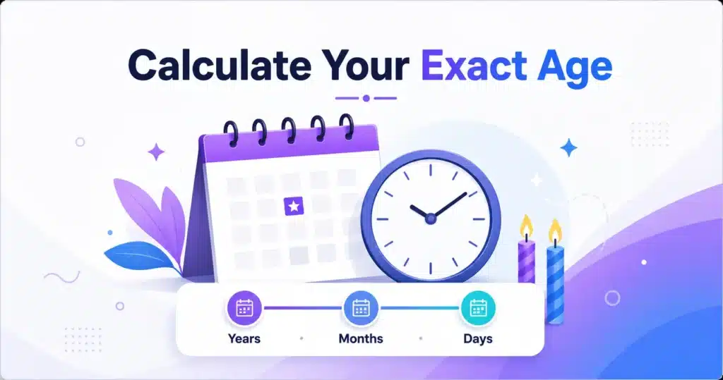 Calendar and clock illustration with the heading Calculate Your Exact Age in years, months and days