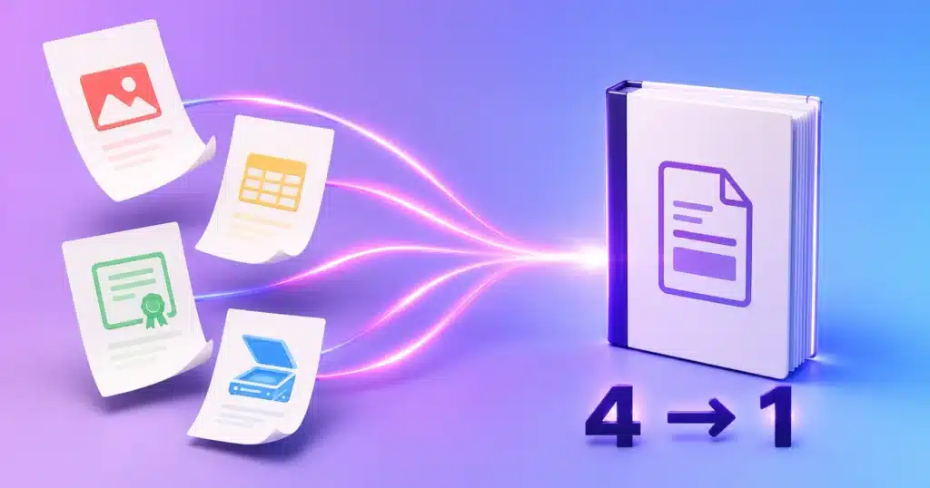 Four separate documents flowing together and merging into a single bound PDF, labelled 4 to 1