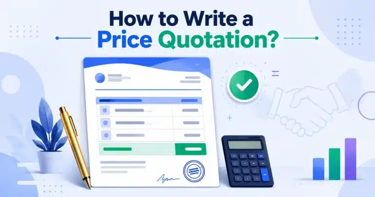 Illustration of a professional price quotation document with line items and a highlighted total, beside a pen, calculator and an approval checkmark badge