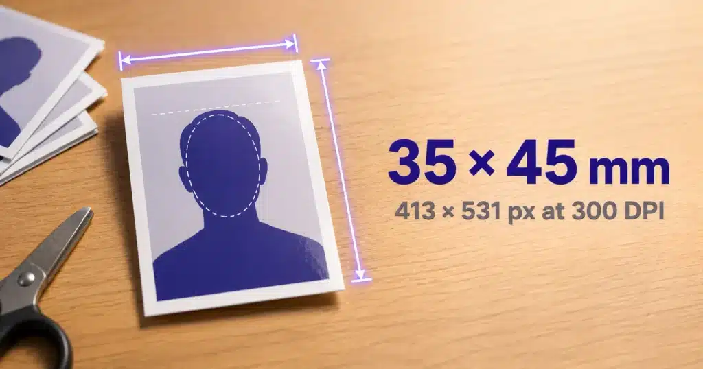 Printed 35 × 45 mm passport photo on a wooden desk with dimension arrows, labelled 413 × 531 pixels at 300 DPI