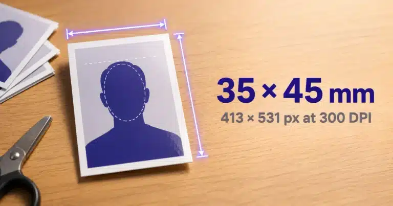 Printed 35 × 45 mm passport photo on a wooden desk with dimension arrows, labelled 413 × 531 pixels at 300 DPI