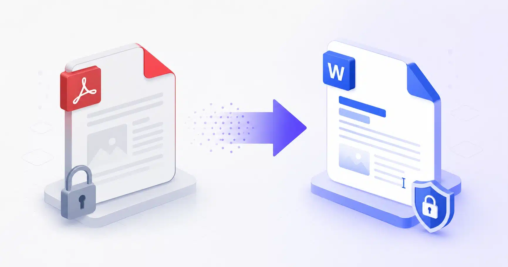 A PDF file converting into an editable Word document in the browser, with a padlock icon showing the file is never uploaded