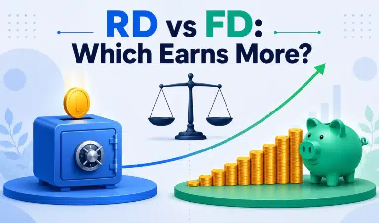 Illustration comparing a fixed deposit shown as one large coin entering a bank vault versus a recurring deposit shown as twelve small monthly coins stacking toward a piggy bank, balanced on a scale