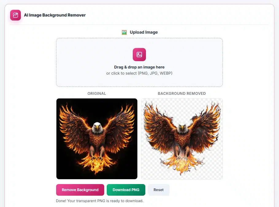 AI Background Remover removing photo background with transparent result