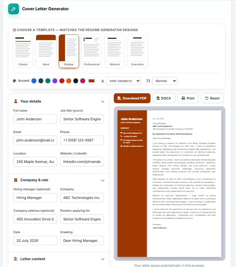 Cover Letter Generator showing a completed cover letter with recipient block, subject line and signature