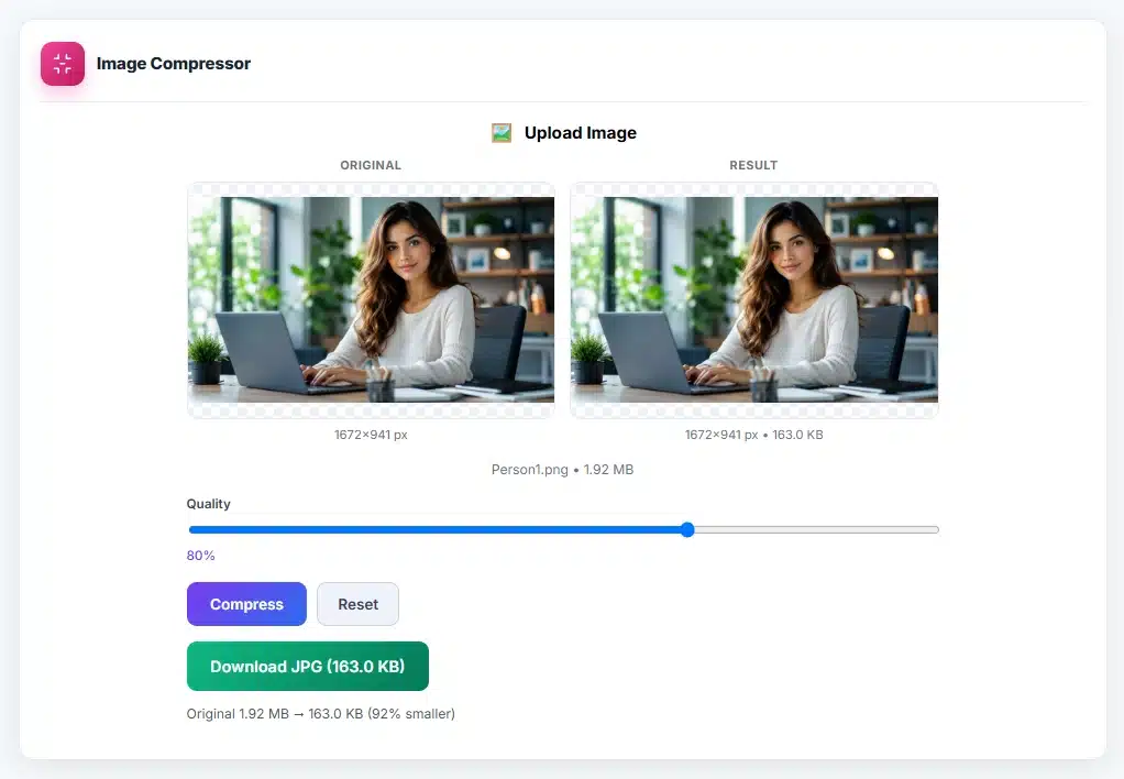 Image Compressor tool interface reducing photo file size while preserving quality