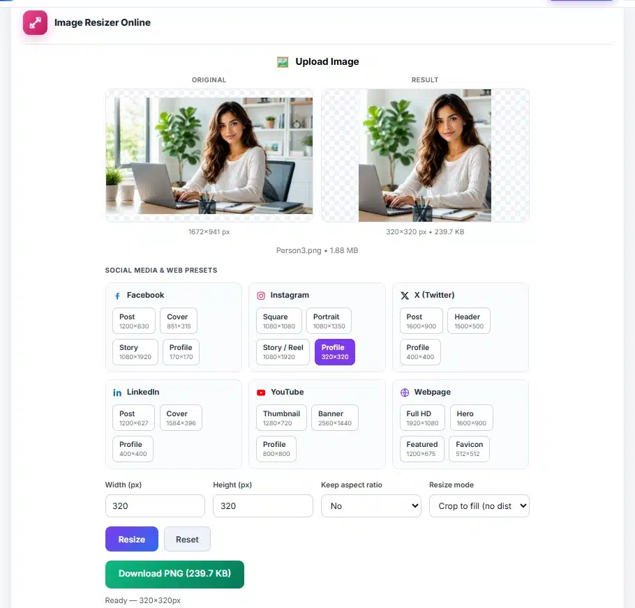 Image Resizer Online tool resizing a photo to custom width and height while maintaining image quality