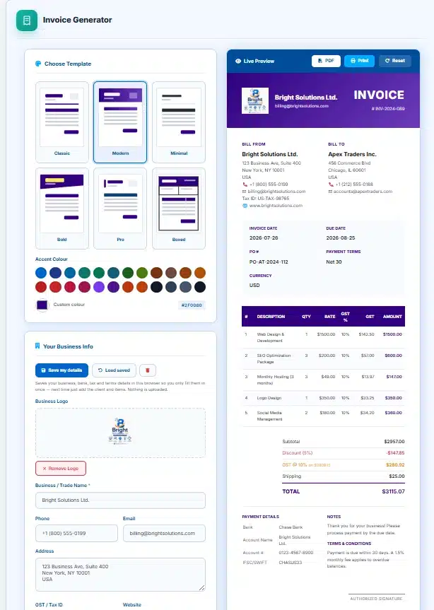 Invoice Generator showing a completed invoice with line items, per-item tax and calculated totals