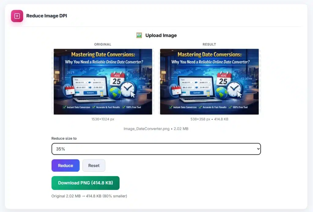 Image DPI Reducer adjusting image resolution and DPI settings
