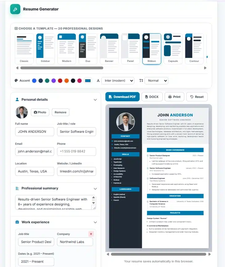 Resume Generator with a template chosen and a completed resume shown in the live A4 preview