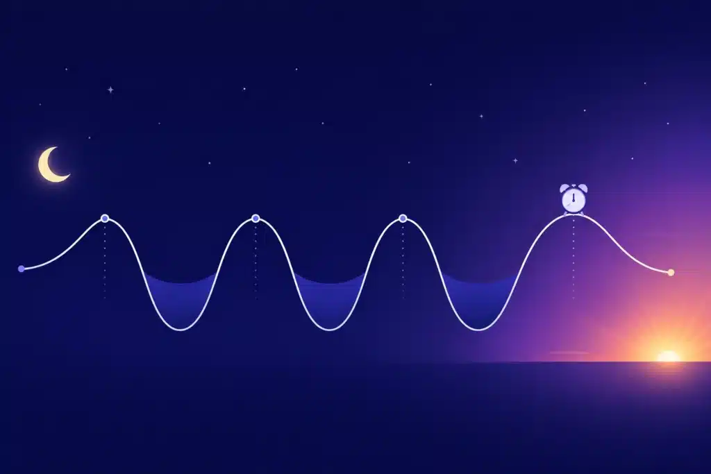 Wave diagram of four 90-minute sleep cycles across a night, with an alarm clock placed at the end of the final cycle