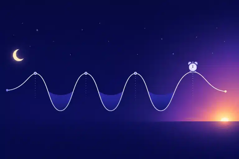 Wave diagram of four 90-minute sleep cycles across a night, with an alarm clock placed at the end of the final cycle