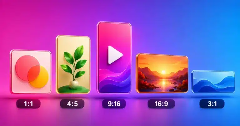 Five social media image frames in their correct proportions, labelled 1:1, 4:5, 9:16, 16:9 and 3:1