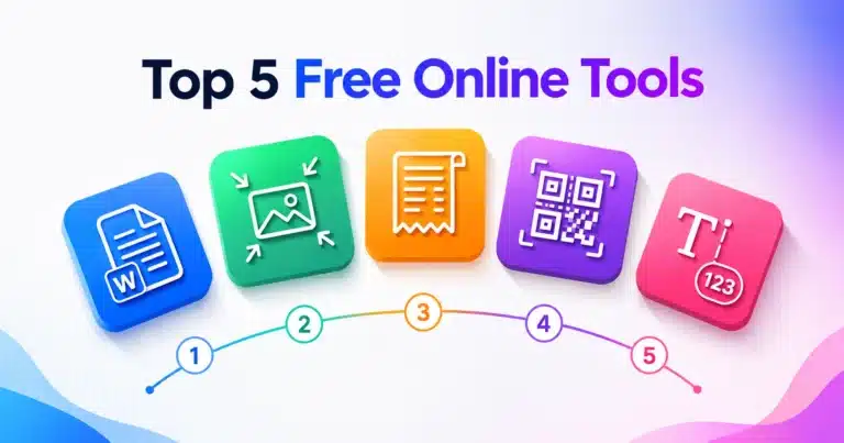 Five free online tools shown as app icons — PDF to Word, image compressor, invoice generator, QR code generator and word counter.