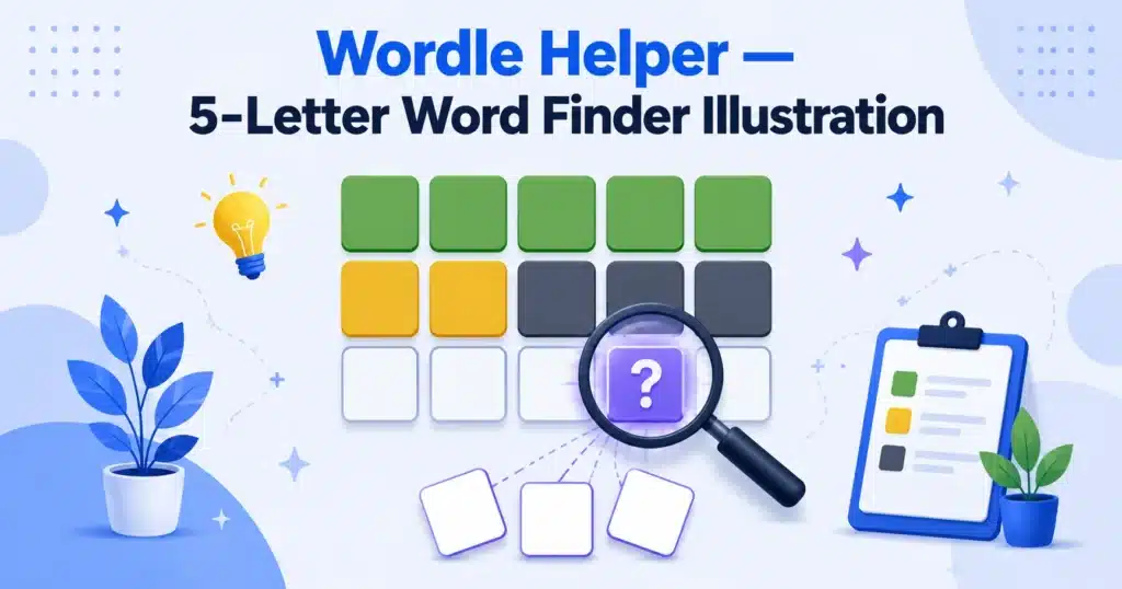 Illustration of a word-puzzle grid with green, yellow and grey tiles, a magnifying glass hovering over a question-mark wildcard tile revealing word suggestions