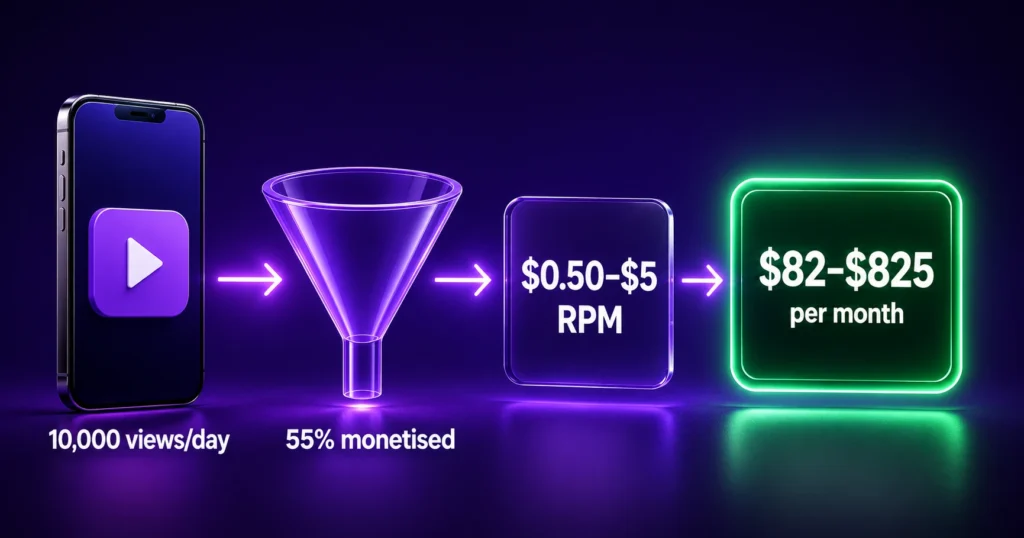 Four-step earnings flow from 10,000 views a day through 55 percent monetised and $0.50–$5 RPM to $82–$825 per month