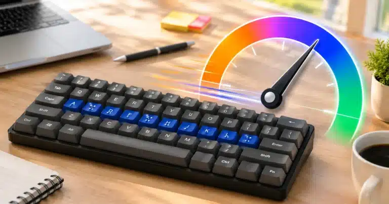 A keyboard with a speedometer gauge rising from it, representing words-per-minute typing speed