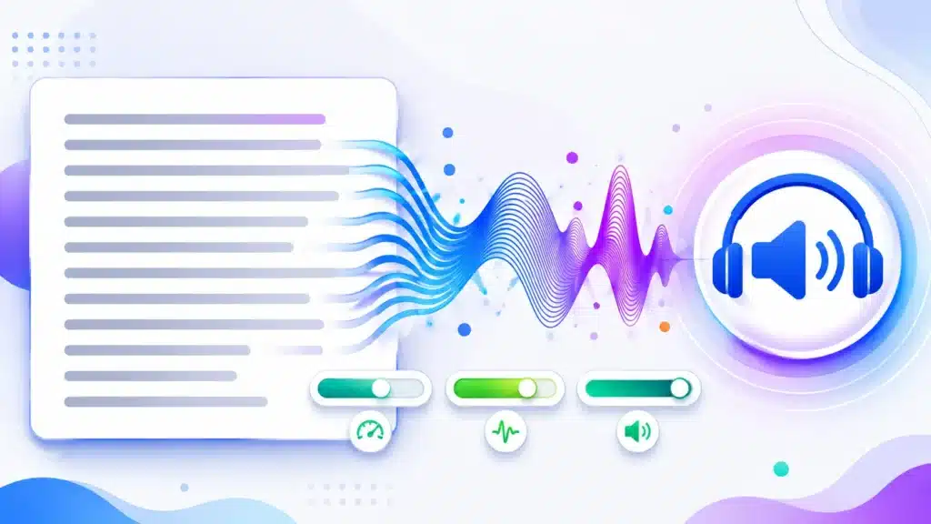 Lines of text flowing into sound waves and a speaker icon, representing browser text to speech