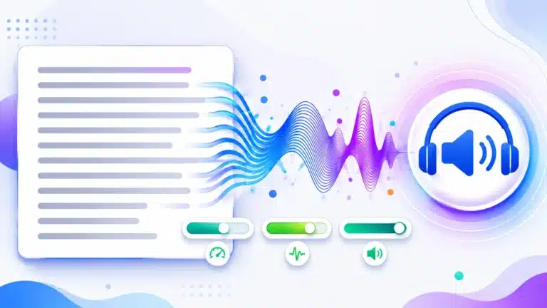 Lines of text flowing into sound waves and a speaker icon, representing browser text to speech