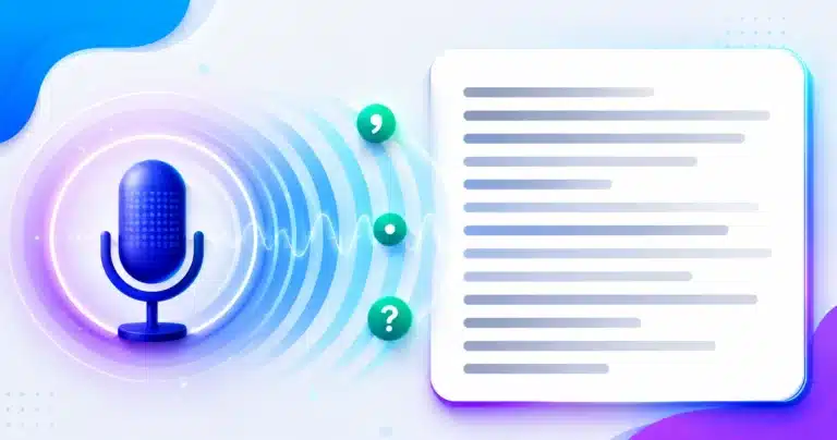 Microphone with sound waves resolving into lines of typed text, representing browser voice typing