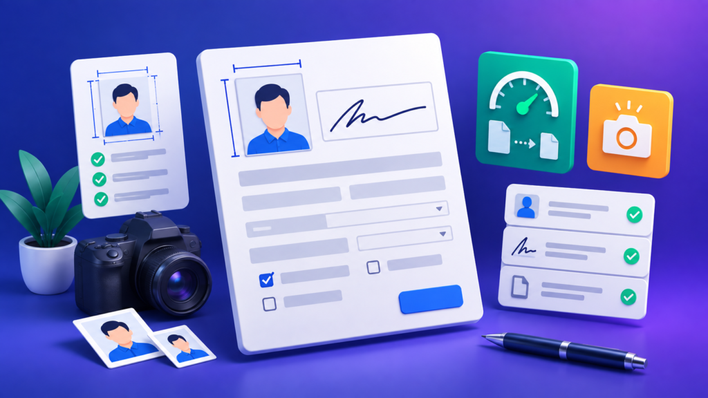 Illustration of an exam application form with a photo frame, a signature box and measuring guides