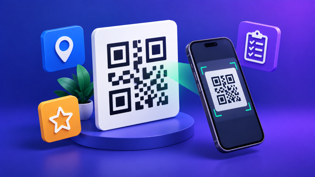 Illustration of a phone scanning a QR code, with map pin, star and form icons
