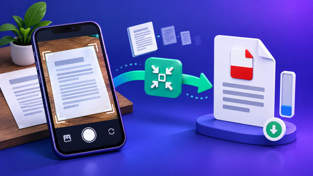 Illustration of a phone photo of a document being turned into a small PDF file