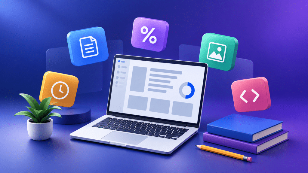 Illustration of a student's laptop surrounded by document, grade, image, timer and coding tool icons