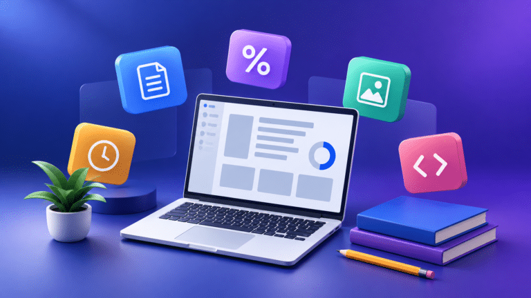 Illustration of a student's laptop surrounded by document, grade, image, timer and coding tool icons